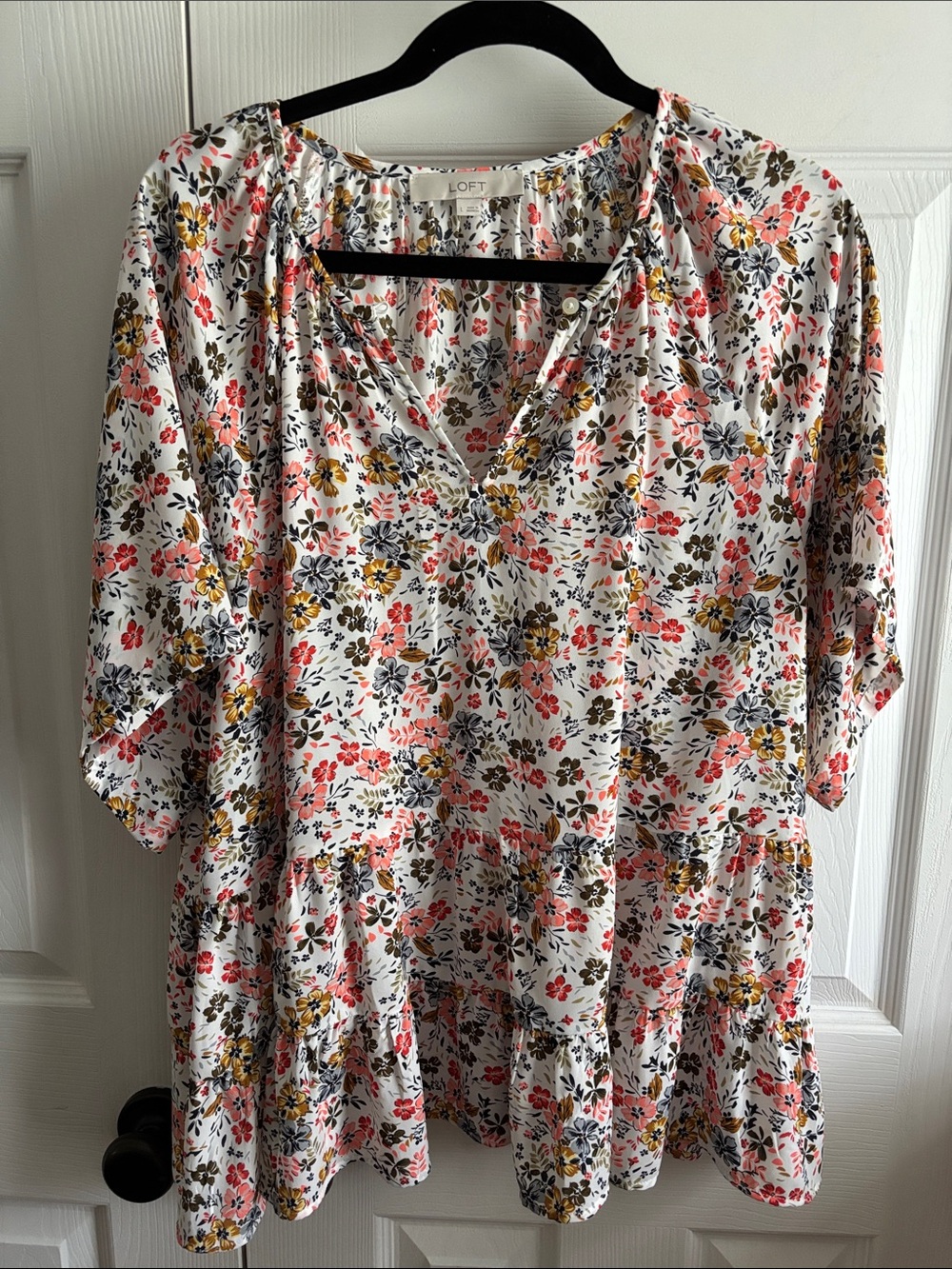 LOFT White Floral Tiered Peplum Blouse with Coral and Mustard Blooms